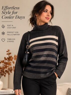 Lauren Ralph Lauren 2X Striped Turtleneck Sweater PlusSize Black Gray FallVibes